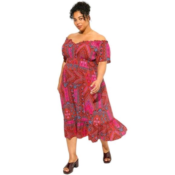 TORRID TEA LENGTH boho challis off shoulder peasent dress 2X - Picture 5 of 16
